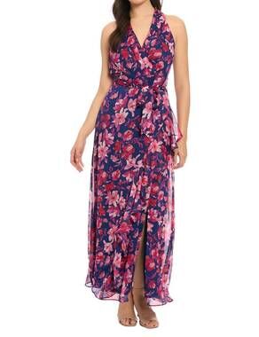 NEW LONDON TIMES amberlyn halter floral maxi dress in navy/salmon